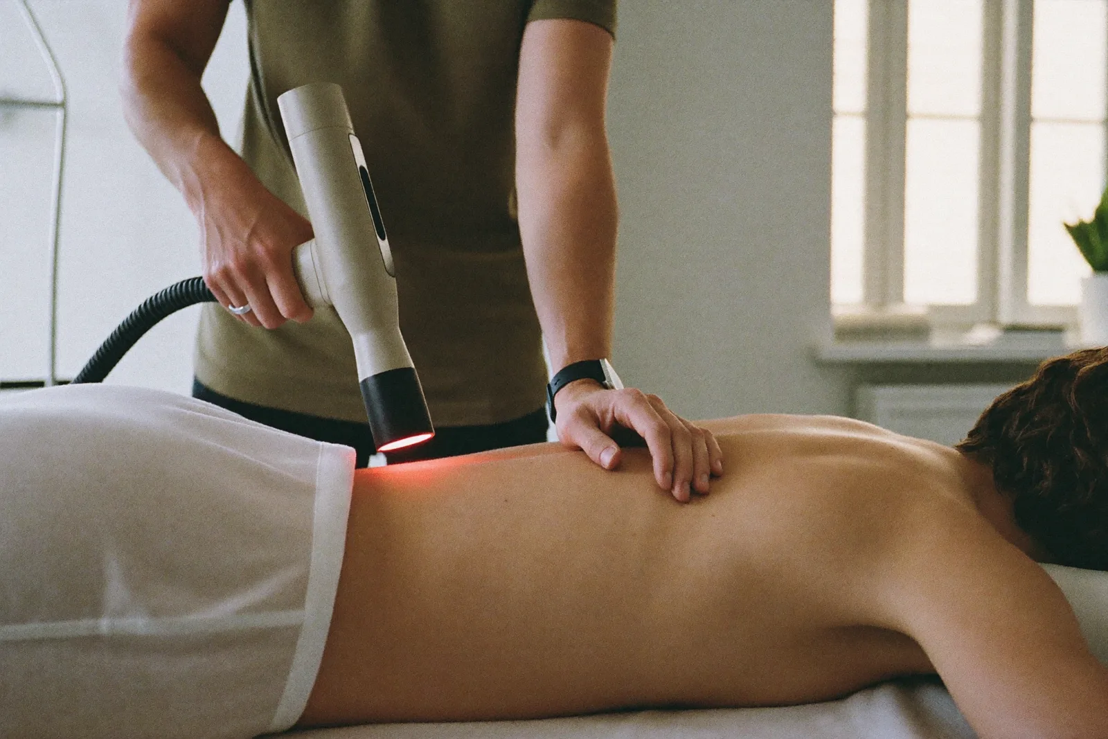 Fisioterapeuta aplicando laser terapêutico complementar em um tratamento
